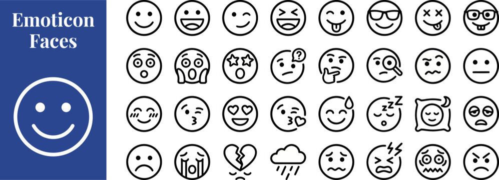 Emoji Reaction outline icon set. Featuring smile, laugh, cry, angry, and heart eyes symbols. Editable stroke vector icons for social app and reaction UI.
