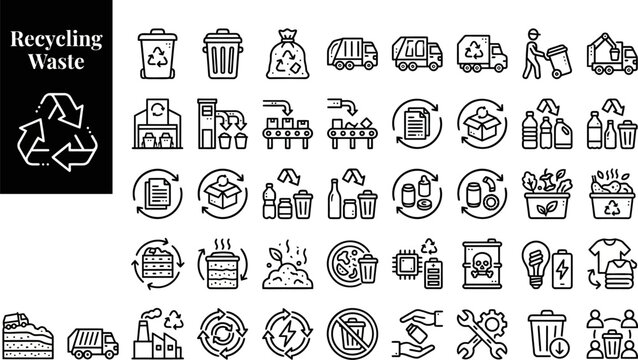 Recycling Waste outline icon set. Featuring recycle bin, garbage truck, bottle, factory, and compost symbols. Editable stroke vector icons for waste service and recycle app.
