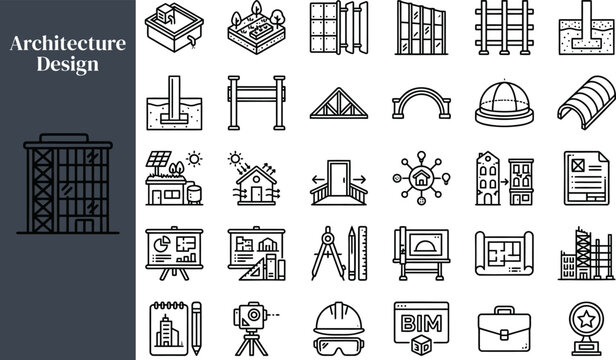 Building Planning outline icon set. Featuring blueprint, column, dome, floor plan, and BIM symbols. Editable stroke vector icons for design studio and planning app.