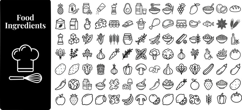 Food Ingredient outline icon set. Featuring vegetable, fruit, spice, meat, and milk symbols. Editable stroke vector icons for recipe app and grocery catalog.