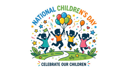 Naklejka premium National Children's Day Celebration Illustration with Happy Silhouettes Jumping with Colorful Balloons in a Festive Park