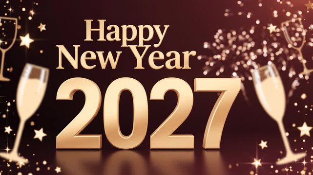 A festive animation celebrating Happy New Year 2027 with golden 3D text, sparkling fireworks, champagne glasses, and glittering stars on a dark background.