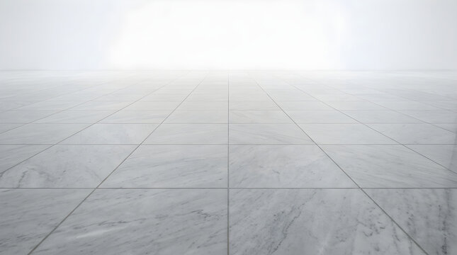 Modern minimalist interior with polished white marble floor tiles extending into a bright, blurred horizon