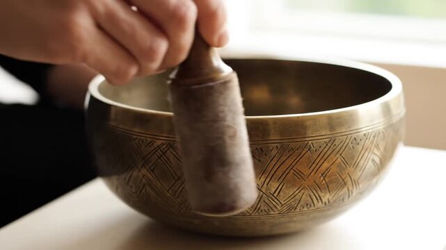 Person using a wooden mallet to play a metal singing bowl for meditation