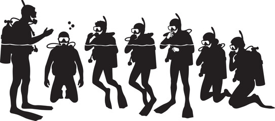 Obraz premium Scuba diving silhouette collection, professional diver instructor and student group, underwater sports training vector set