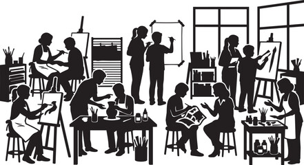 Fototapeta premium Art studio silhouette vector, creative workshop with artists painting and sculpting, black and white hobby class illustration