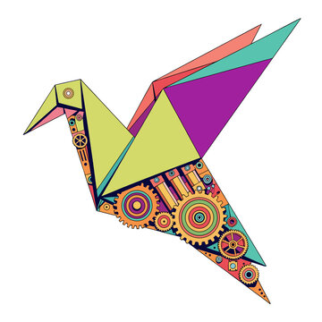 Steampunk origami bird with mechanical gears, colorful geometric paper crane illustration, robotic avian art on white background