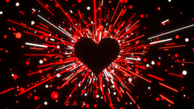 Red love heart and radiation particles light on black background