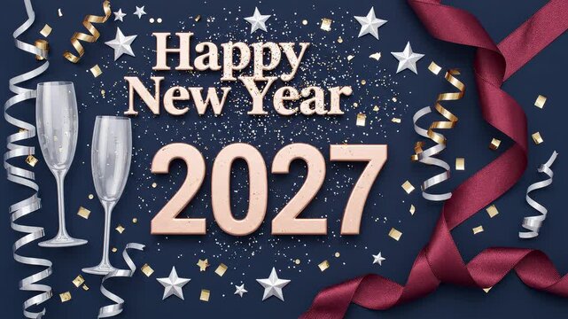 A festive animation for Happy New Year 2027 featuring champagne glasses, stars, ribbons, and falling confetti.