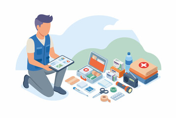 Fototapeta premium Isometric Aid Worker Using Emergency App and First Aid Kit