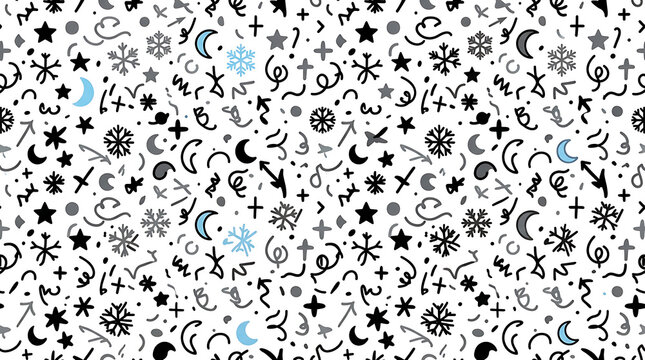 Seamless celestial geometric pattern with stars and floral motifs in monochrome vector design