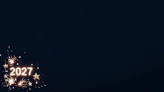 A festive animation marking the arrival of 2027 with dazzling fireworks and shimmering golden stars. Perfect for new year greetings, countdowns, and celebration backgrounds.