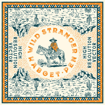 bandana illustration desert graphic horse design cowboy badge landscape vintage