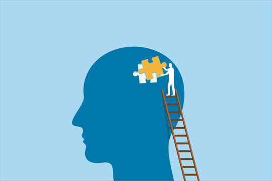Man on ladder fitting puzzle piece into human head profile. Conceptual vector illustration for mental health, problem solving, and idea.