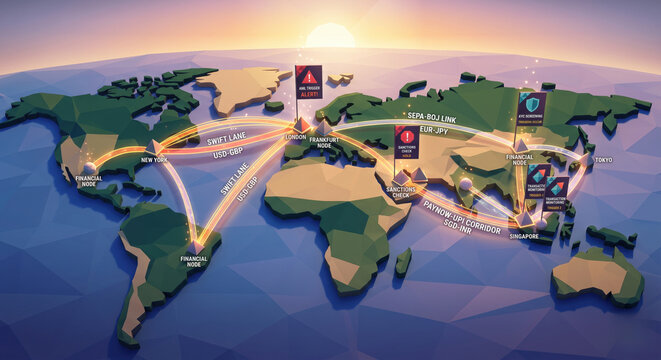 Global map visualizes sanctions screening, network analysis, monitoring, and financial crime risk across regions.