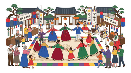 Fototapeta premium Korean Autumn Festival Celebration: People in Hanbok Dancing in Circle, Traditional Village Scene