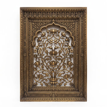 Rectangular South Indian temple window with arched floral motif, botanical lattice and detailed bronze frame