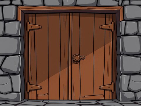 A cartoon vector illustration of a closed door with a dark grey stone wall behind it, featuring rusty hinges and a worn-out doorknob, secrecy, locked