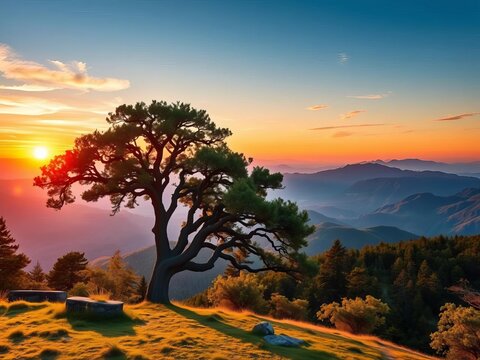 A majestic oak tree stands tall amidst a serene mountain landscape at sunset, forest, sunset