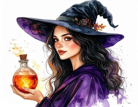 ポーションを持ったハロウィーンの魔女の水彩イラスト