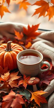 Cozy autumn morning scene featuring a warm cup of coffee, surrounded by vibrant pumpkin, maple leaf, and mushroom elements, warm, cozy