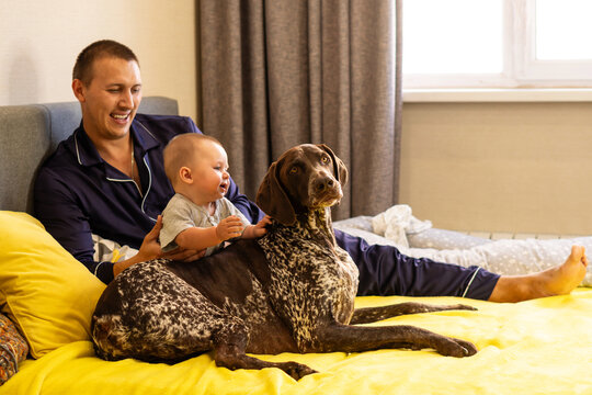 Father Watching Baby Son Pet Family Dog On Bed