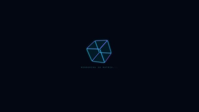 Luminous blue wireframe cube transforms into complex polyhedron in dark void with "RENDERING..." text, futuristic digital sci-fi concept