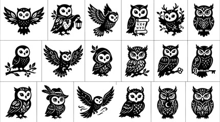 Fototapeta premium Black and White Owl Glyphs Collection - Nature, Wisdom, and Mystical Decorative Animal Vector Set