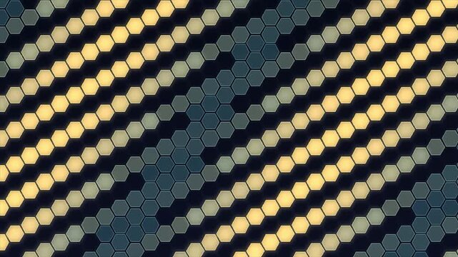 Seamless looping geometric zigzag pattern with glowing yellow and dark gray hexagons in motion