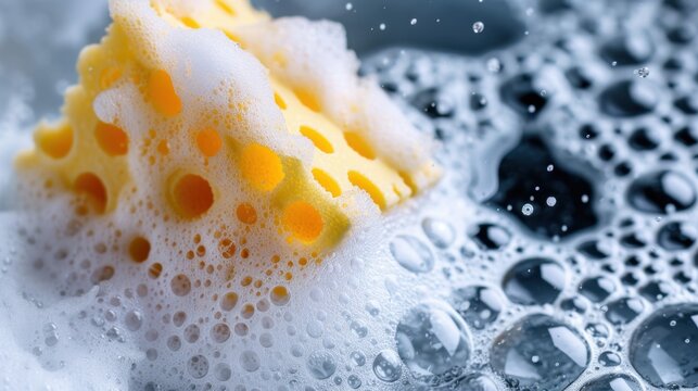 Close-up of Yellow Cleaning Sponge Surrounded by White Suds and Bubbles on Dark Background for Cleaning and Household Use