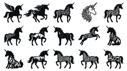 Fototapeta premium Fantasy Mythical Unicorns Vector Collection. Decorative Pattern Silhouettes, Magical Glyph Horse Creatures Set
