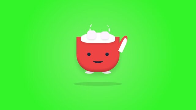 Animated Red Coffee Cup Character Waving Hello on Green Screen.