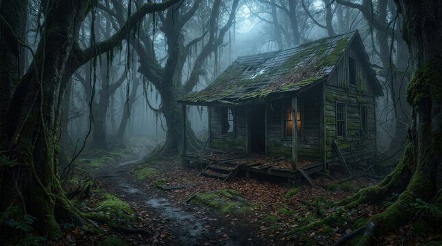 Abandoned wooden cabin in a dense haunted forest for halloween 2026 decor