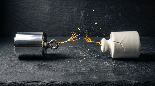 Breaking Point: A close-up shot captures the moment of fracture as a fragile porcelain object cracks under the immense pressure of a heavy metal weight, symbolizing the brink of collapse and stress.