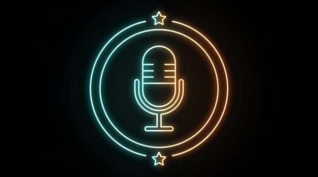 Neon microphone icon with glowing orange and blue light. Podcast studio emblem on black background. Retro radio broadcast sign.