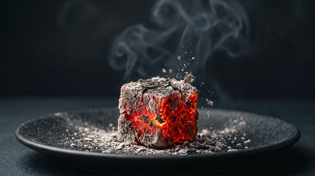Glowing Embers: A single cube of burning charcoal smolders on a dark plate, releasing wisps of smoke into the air. The intense red heat and ash create a dramatic, evocative image.