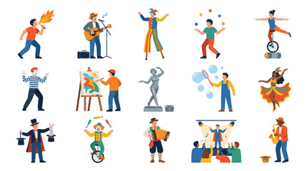 Fototapeta premium Street Artists and Entertainers Flat Vector Illustration. Creative Professions and Performance Talents Collection.