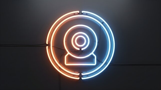 Neon webcam icon glowing in blue and orange, circular digital camera sign, futuristic video conferencing and streaming symbol