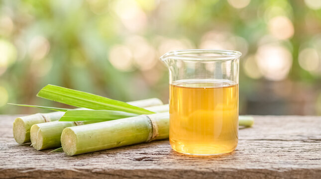 Sugar Cane Juice Elixir: Freshly cut sugarcane stalks and leaves rest beside a beaker filled with golden sugarcane juice.