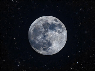 Fototapeta premium A detailed full moon shining brightly against a deep, dark space background filled with distant stars and galaxies, showcasing lunar craters and surface texture