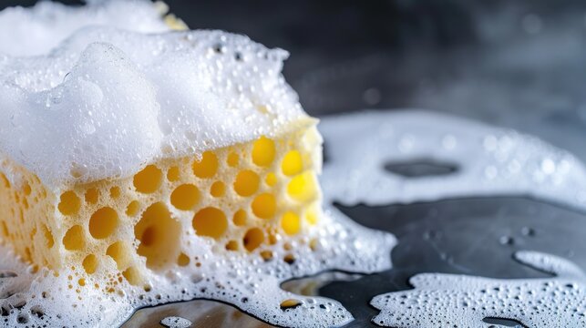 Close-Up of a Yellow Cleaning Sponge with Soap Bubbles on a Dark Background