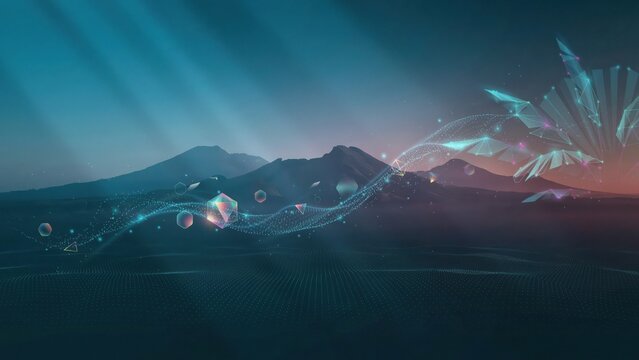 Dynamic abstract digital landscape with flowing data stream, futuristic mountain range, and
