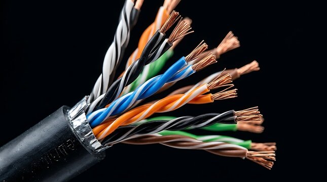 Twisted pair ethernet cable wires isolated on black background. Network connection concept.