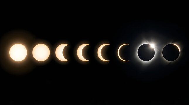Composite sequence of a solar eclipse showing the transition from partial to total eclipse phases against a black background
