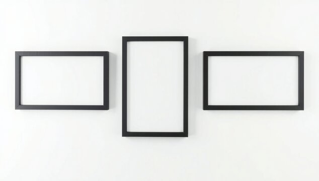 Three black empty picture frames arranged on a wall for home decor display