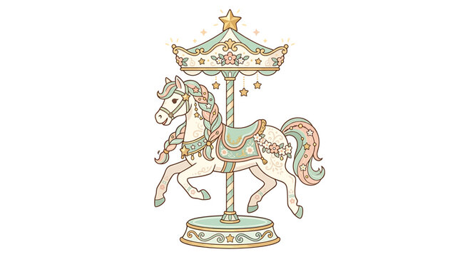 Vintage carousel horse vector, pastel merry-go-round pony illustration, whimsical carnival ride element for nursery decor and invitations