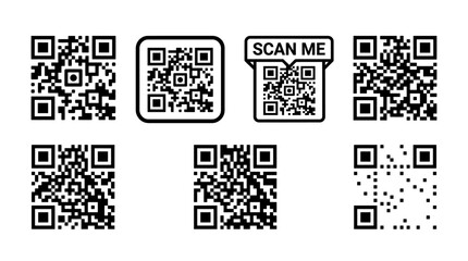 Fototapeta premium QR code vector set with scan me label, digital barcode collection for mobile payment, black and white square matrix icons for marketing