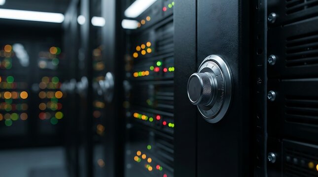 Secure server room with digital lock hardware. Cybersecurity and data protection concept for IT technology ads.