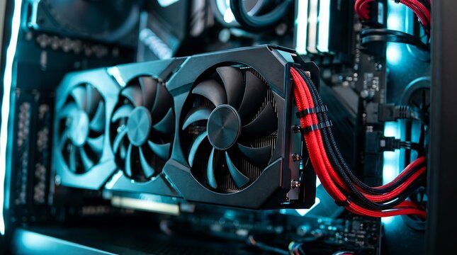 A high performance gaming computer graphics card with triple cooling fans installed inside a custom PC rig. Ideal for.