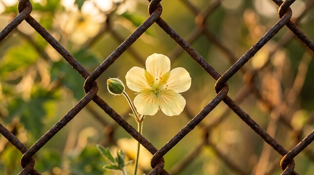 A delicate yellow flower blooms through a rusty chain link fence. Symbol of hope and resilience in urban nature.
